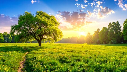 A solitary green tree stands in a vibrant field of wildflowers at sunrise.