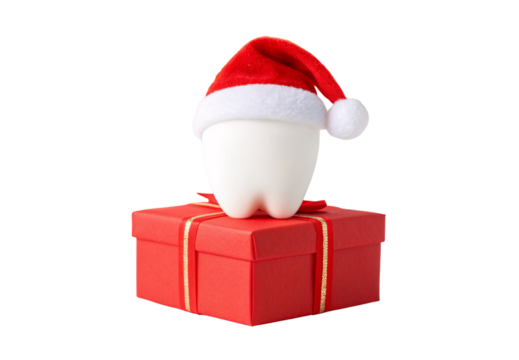 White tooth wearing Santa hat sitting on red present, isolated on a transparent background
