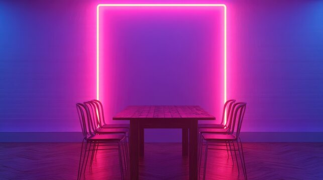Empty dining room with futuristic neon light frame