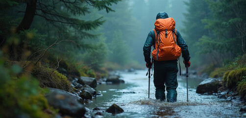 Hiker with orange backpack crosses flooded forest stream. Person uses poles, wears rain gear, walks through water. Gloomy, wet woodland trek.