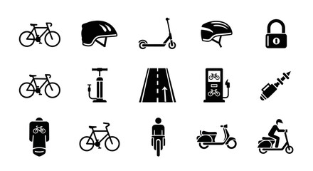 Dynamic collection of modern icons representing cycling, scooters, and transportation safety, perfect for urban mobility concepts.
