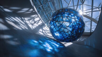 Blue glass sphere creating intricate light patterns and shadows