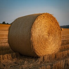 Golden hour illuminates a large round hay bale in a harvested field