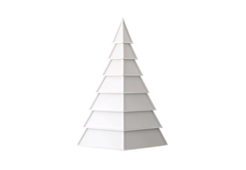 Clean white tiered triangular shelf unit shaped like a Christmas tree, isolated on a transparent background