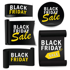 Black Friday Sale . Best choice, order now, special offer, free delivery sale banners. Black ribbons, tags and stickers. Vector