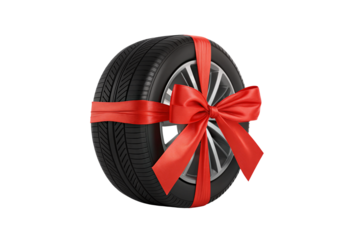 Single automobile wheel with red satin ribbon and decorative bow wrapped around, isolated on a transparent background
