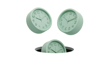 Three minimalist mint green round desk clocks floating and emerging from a black hole
