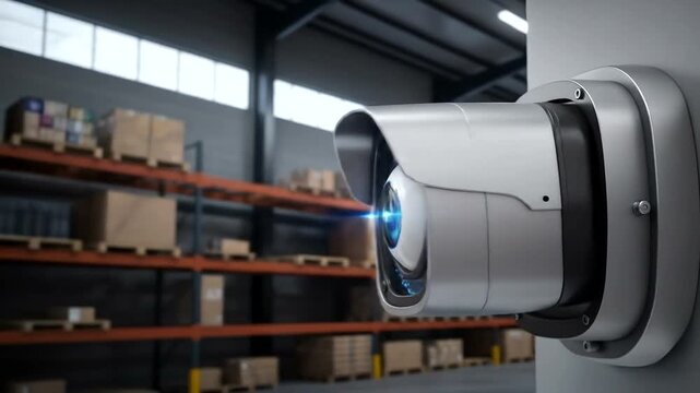 Advanced Security Camera System Monitoring a Modern Warehouse with AI Technology and Digital Interface.
