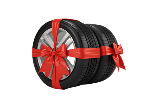 Set of car tires bundled with red decorative bows for gifting, isolated on a transparent background