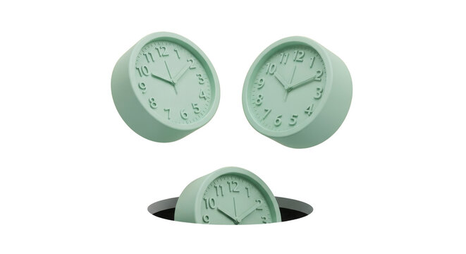 Three minimalist mint green round desk clocks floating and emerging from a black hole