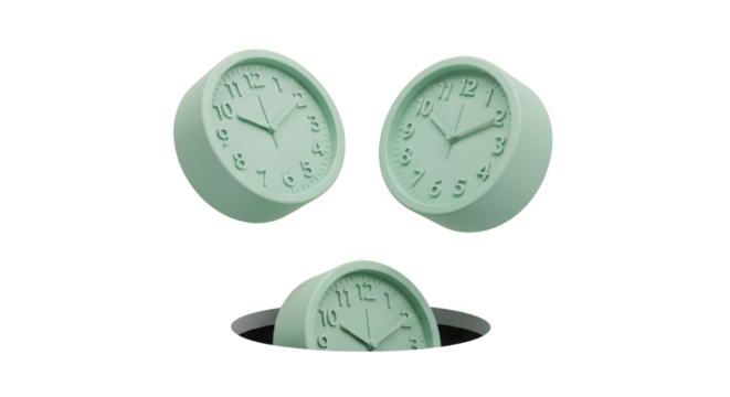 Three minimalist mint green round desk clocks floating and emerging from a black hole