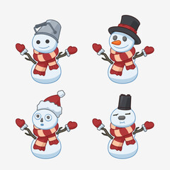 Cartoon Snowman Pack Emotional Winter Characters with Red-Yellow Scarves