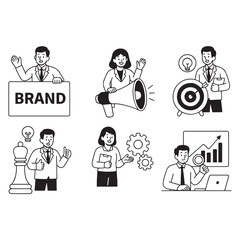 Set of people in various activities of Brand advertising, management and data analysis. vector