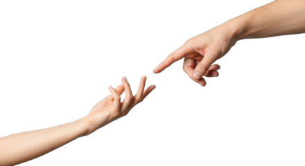 Two Human Hands Reaching Out to Connect or Touch Isolated on White Background
