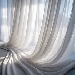 White sheer curtains gently flowing with natural light, tranquil