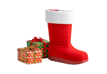 Red Santa boot with white fur trim beside festive polka dot gifts, isolated on a transparent background