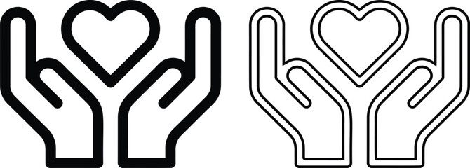 Heart in hand icons set. Hands holding outline heart icon. Love icon. Health, medicine symbol.
