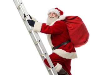 Santa Claus climbing ladder carrying large red gift sack on back, isolated on a transparent background
