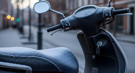 Close-up of black scooter parked on urban street with morning light