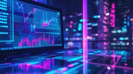Financial data analysis displaying stock market charts in futuristic city