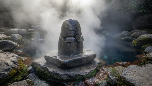 Rough river-stone Shiva Linga beside a steaming natural hot spring with algae-lined rocks