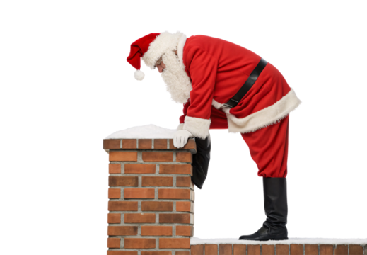 Santa Claus in red suit bending over brick chimney on snowy rooftop, isolated on a transparent background