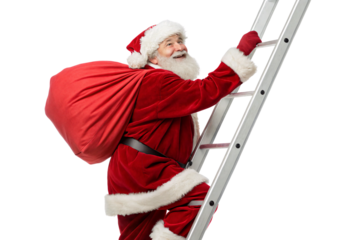 Santa Claus climbing ladder with gift sack, looking upward cheerfully, isolated on a transparent background