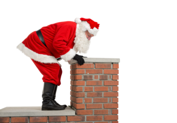 Santa Claus examining brick chimney on rooftop before descending, full body view, isolated on a transparent background
