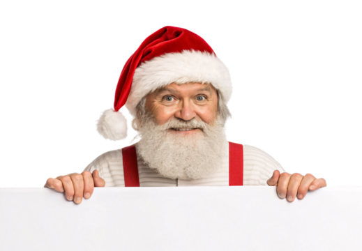 Santa Claus with white beard holding blank sign, wearing traditional hat and suspenders, isolated on a transparent background