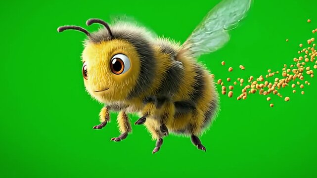 Cute fuzzy bee flying with pollen trail on green background