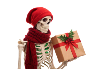Skeleton wearing red hat and scarf holding wrapped Christmas gift box, isolated on a transparent background