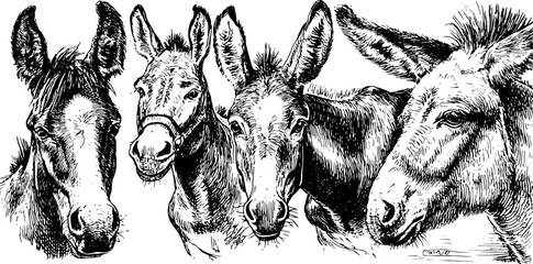 Vintage illustrations of donkeys in a hand-drawn style. Black outline vector set showcasing detailed anatomy and traditional artwork.