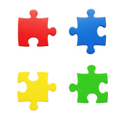 Four colorful puzzle pieces red blue yellow green representing teamwork and solutions transparent background