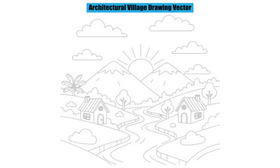 Rural Homes and Mountain Landscape Outline Vector Set