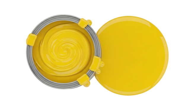 Top View of Open Yellow Paint Can Product Shot Isolated on White Background