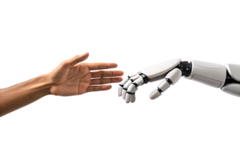 Human hand reaching toward robotic hand in technological connection gesture, isolated on a transparent background
