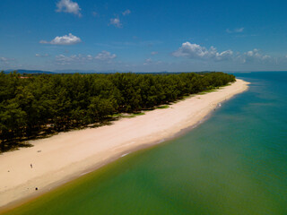 Aerial view of Pantai Bukit Keluang, Besut, Terengganu, showing turquoise waters, coastal cliffs, and clear sunny skies along the scenic shoreline.