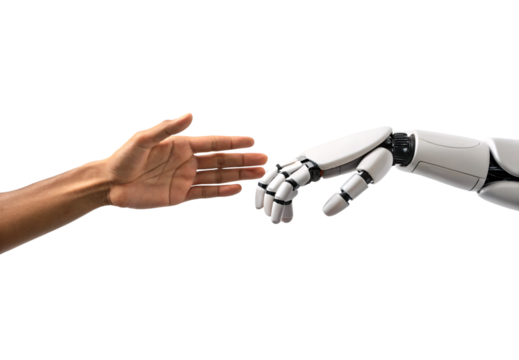 Human hand reaching toward robotic hand in technological connection gesture, isolated on a transparent background