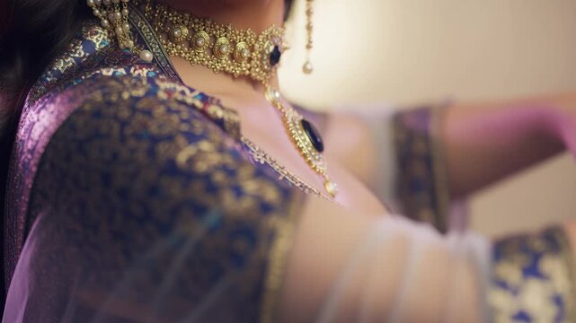 Close-up of a woman's chest with an ornate traditional gold necklace.