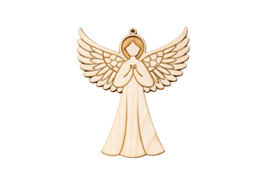 Wooden angel ornament with detailed wings and praying hands design, isolated on a transparent background