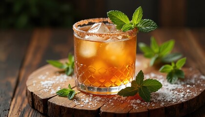 Fototapeta premium Amber cocktail with ice cubes and mint sprigs rests on rustic wood. Sugar rim adorns glass, creating a refreshing, elegant drink for any occasion. Perfect summer beverage.
