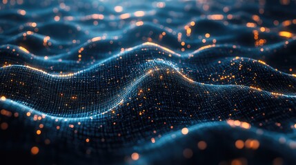 Digital data network connecting glowing particles across waves