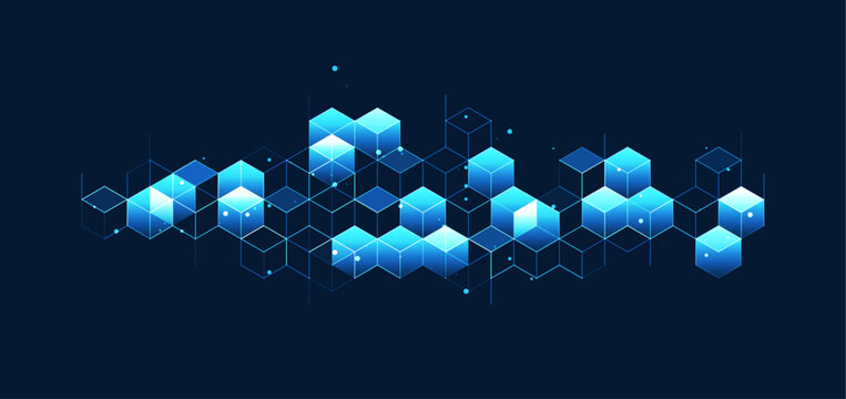 Technology background. Big data visualization concept. Information artificial neural network. Abstract geometric background with isometric. Digital cube isometric on blue background.