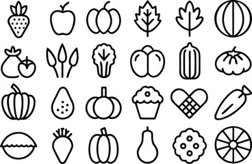 Healthy food icons collection: fruits, vegetables, and desserts