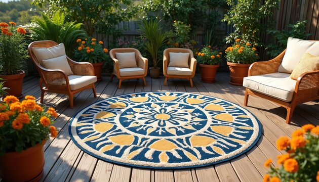 Circular rug with bold geometric motif on wood deck patio. Wicker chairs surround rug amidst potted marigolds and lush green plants. Outdoor living space invites relaxation and summer comfort. - Powered by Adobe