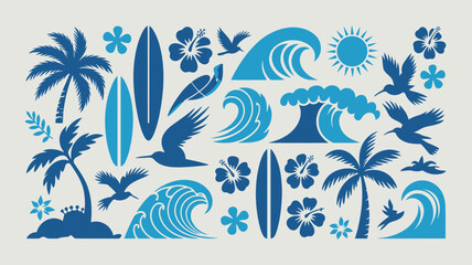 Obraz premium Collection of vintage-style blue icons depicting a tropical surfing paradise with waves, palm trees, and surfboards