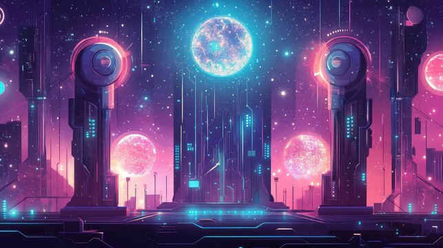 Futuristic cityscape with neon glow and glowing planets