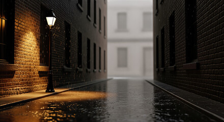 Flickering lamplight illuminates wet brick in dark empty alleyway, suitable for horror cinematic scenes.