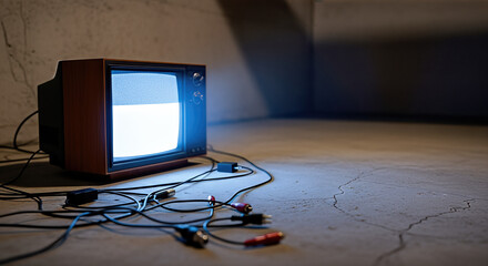 Old television with static on in basement with blue glow, concept for horror cinematic scenes.
