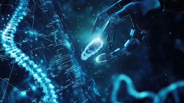 Robot hand manipulating genetic code and dna helix